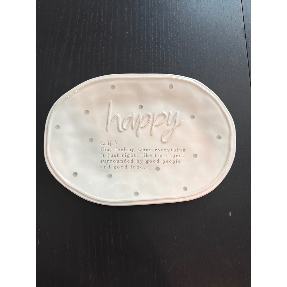 Mud Pie Happy Definition Ceramic Oval Serving Tray Plate White Dots-see photos